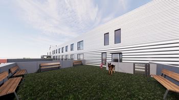 a rendering of a white building with a dog standing in the grass
